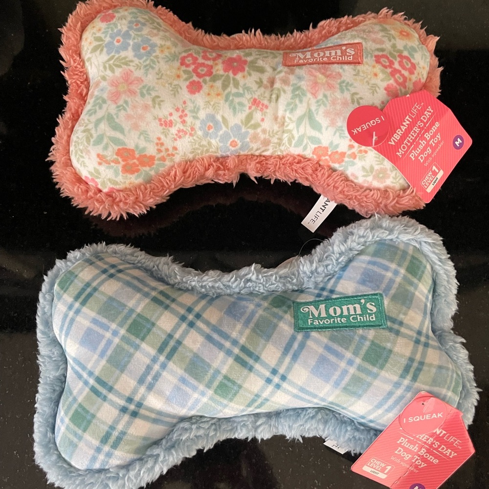 Vibrant Life Plush Dog Toy (Med) “Mom’s Favorite Child” Squeaky Coral OR Blue